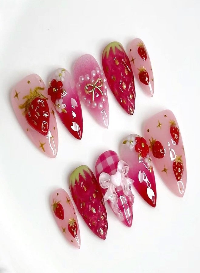 BSBTBZ 24Pcs Strawberry Flower Press on Nails Medium Almond Fake Nails Cute Floral Strawberry False Nails 3D Heart Pearls Bow Charms Designs Pink Gradient Glossy Stick on Nails Acrylic Nail for Women - Image 1